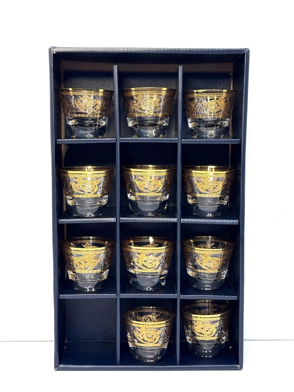 Turkish Arabic Coffee Glass Cups Gold Etched Set w/ Box Made in Turkey Set Of 11